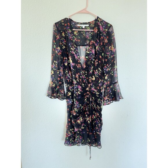 VERONICA BEARD Dark Victorian Floral Ruched Smocked Silk Mini Dress Size 0 - Picture 2 of 8